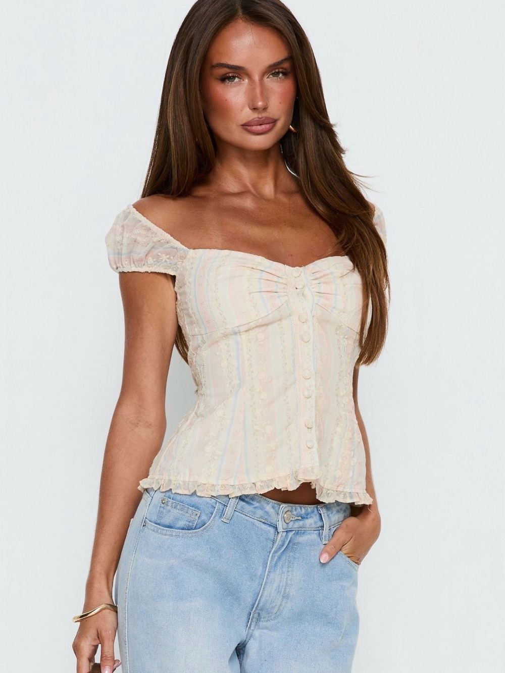 Princess Polly Pastel Stripe Off-Shoulder Button Front Top